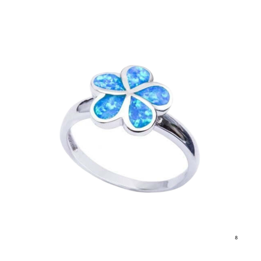 925 Sterling Silver Hawaiian Blue Opal Plumeria Flower Ring
