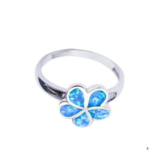 925 Sterling Silver Hawaiian Blue Opal Plumeria Ring
