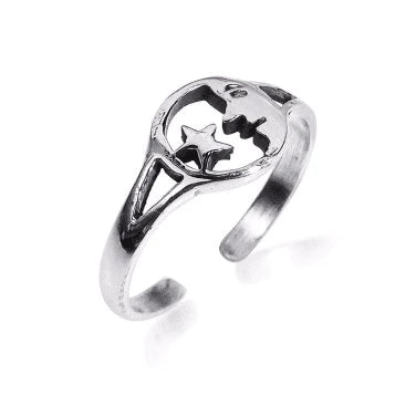 925 Sterling Silver Moon Face Star Toe Ring
